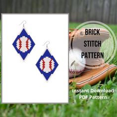 a pair of baseball themed earrings on top of a green grass covered field with the words brick stitch pattern