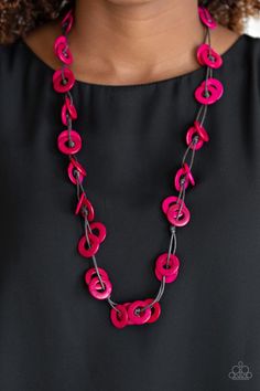 Shiny brown cording knots around vivacious pink wooden discs, creating a colorful display across the chest. Features a button loop closure. Sold as one individual necklace. Includes one pair of matching earrings. Wooden Necklace, Wood Necklace, Pink Necklace, Paparazzi Accessories, White Rhinestone, Blue Necklace, Paparazzi Jewelry, Cord Necklace, Vintage Summer