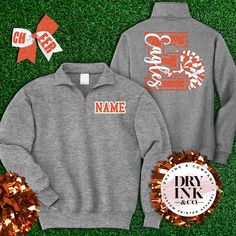 Cheer Coach Hoodie, School Spirit Quarter Zip, Cheer Zip Up Jackets, Cheer Football Jerseys, High School Cheer Sweatshirts Design, Cheer Quarter Zip, Cheerleading Sweatshirts Design, Cheer Coach Sweatshirt, 3 Quarter Zip Pullover Outfit