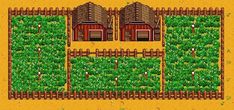 an old computer game showing a farm with two barns and green plants on the ground