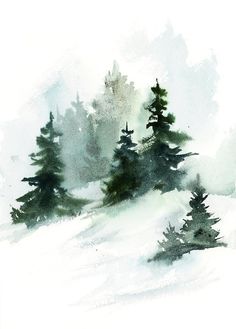 watercolor painting of pine trees in the snow