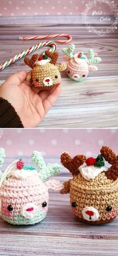 crocheted christmas ornaments are being held by someone's hand and they have reindeer heads on them