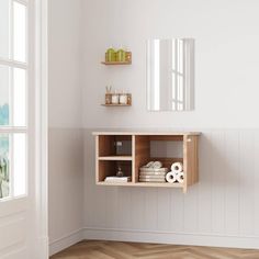 a bathroom with a sink, mirror and shelf