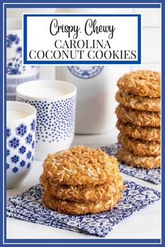 three cookies stacked on top of each other with the words crispy chewy carolina coconut cookies