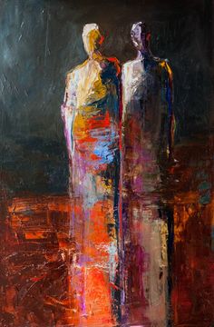 an abstract painting of two people standing next to each other in front of a dark background