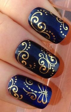 Intricate design - gold swirl on royal blue #Nails #NailDesign www.spice4life.co.za Gold Nail, Holiday Nail Art, Beautiful Nail Art, Nail Art Inspiration