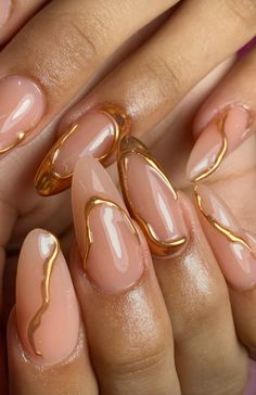 Abstract Gold Chrome Nails, Almond Gold Nails Designs, Molten Gold Nails, Gold Squiggle Nails, Gold And Nude Nail Designs, Gold Trim Nails, Almond Nails Gold Designs, Nude Gold Nail Designs, Gold Almond Nails Designs