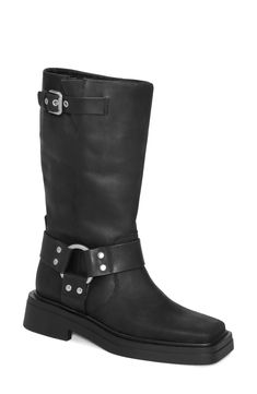 Maximize the moto appeal of your look with this harness-strap boot featuring a square toe and sturdy block heel. 1 3/4" heel 12" shaft Leather upper and lining/synthetic sole Imported Chic Shoes Flat, Vagabond Boots, H&m Heels, Edgy Boots, Vagabond Shoemakers, Fashion Shoes Flats, Shoe Trends, Flat Shoe, Boot Straps