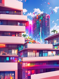 an animated city with tall buildings and palm trees