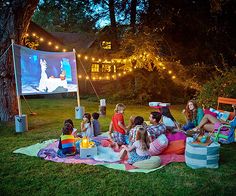 a group of people sitting on top of a lush green field next to a movie screen