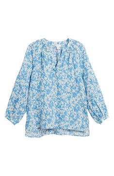 Welcome warm days with this lightweight, floral-print popover top framed by a split neck and billowy balloon sleeves. 23" center front length (size Medium) Split neck Long sleeves 60% ramie, 40% lyocell Machine wash, tumble dry Imported Spring V-neck Peasant Top With Blouson Sleeves, Feminine Spring Tops With Split Neck, Feminine Split Neck Tops For Spring, Spring Split Neck Top For Daywear, Spring Bishop Sleeve Blouse In Relaxed Fit, Spring Bishop Sleeve Blouse With Relaxed Fit, Daywear Floral Print Blouse With Bishop Sleeves, Feminine Floral Print Top With Split Neck, Summer Floral Print Blouse With Bishop Sleeves