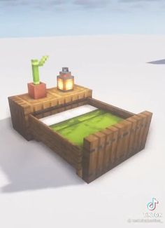 a low poly model of a bed in the middle of a snow covered field with a lantern on top