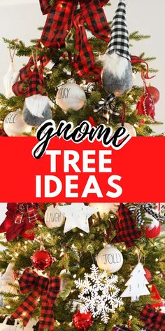 Buffalo plaid farmhouse themed gnome Christmas tree with white lights. Gnome Ornaments Christmas Tree, Gnome Christmas Trees Ideas, Christmas Tree With Gnomes, Gnome Themed Christmas Tree Ideas, Gnome Christmas Tree Theme, Gnome Themed Christmas Tree, Gnome Themed Christmas, Christmas Tree Buffalo Plaid