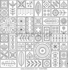 a black and white pattern with many different designs