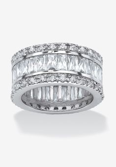 a white gold ring with three rows of baguettes