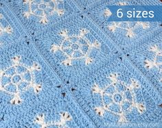 a blue crocheted blanket with white snowflakes on it and the text, 6 sizes