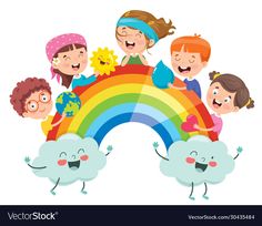 children with rainbow and clouds on white background