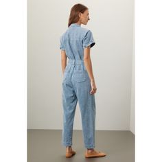 Blue denim (100% Cotton). Jumpsuit. Short sleeves. V-neck. Front zipper closure. 17.5" from shoulder to hemline. 28" inseam. 12" rise. Imported. Fitted Casual Denim Jumpsuit With V-neck, Denim Blue V-neck Jumpsuits And Rompers, Fitted Denim Jumpsuit With V-neck, Spring V-neck Denim Jumpsuit With Pockets, Fitted V-neck Denim Jumpsuit, Cotton Denim V-neck Jumpsuit, Casual Fitted Denim Jumpsuit With V-neck, Fitted Denim Jumpsuit With V-neck In Casual Style, Casual V-neck Denim Jumpsuit With Pockets