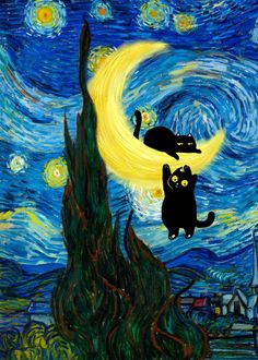 two cats sitting on top of a tree in front of a night sky with stars