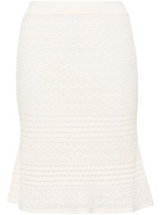 off-white crochet knit stretch-design ribbed waistband A-line interior slip skirt straight knee-length hem Tom Ford Tuxedo, Skirt Straight, High Rise Skirt, Tuxedo Pants, High Waisted Flares, Slip Skirt, Layered Skirt, Leather Mini Skirts, Pleated Mini Skirt