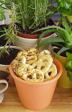 there are many potted plants on the table and one is filled with donuts