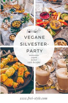 a collage of vegan silver party food and drinks