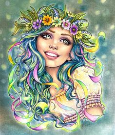 a drawing of a woman with long hair and flowers in her hair, wearing a flower crown