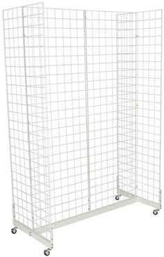 a white room divider on wheels with grids in the center and bottom section