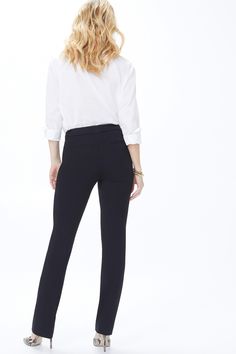 Head-to-toe flawless style is easier than it sounds. A pair of NYDJ's Petite Slim Trouser Pants in soft, comfortable ponte knit is all you need to elevate your desk-to-dinner look. This exceptionally elongating, super-slimming style features a front pleat detail. Enhance your assets and streamline your silhouette with our signature Lift Tuck® Technology, which flattens and flatters using a proprietary slimming panel with a patented criss-cross design. Features back welt pockets and zip fly with Pull-on 4-way Stretch Dress Pants For Work, Elegant Office Pants With Pull-on Style, Comfort Stretch Straight Dress Pants For Work, Elegant Tailored Bottoms With 5-inch Inseam, Elegant Comfort Stretch Bottoms For Business Casual, Chic Comfort Stretch Tapered Leg Pants, Elegant Comfort Stretch Pants For Fall, Chic 4-way Stretch Dress Pants For Office, Chic 4-way Stretch Dress Pants For Work