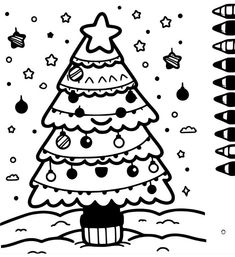 a black and white drawing of a christmas tree in the snow with stars on it