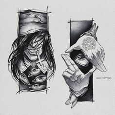 two drawings of people with different faces and hands