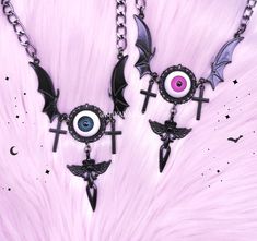 Creepycute necklace with EYES bat wings cross o-ring. Perfect jewelry for styles like: cute harajuku, menhera, kawaii, gothic, pastel goth, altcore 2 color of EYE: PINK / TURQUOISE LENGHT: ~45cm (17.72) plus 5cm (1.97) of regulation if you're looking for more necklaces: https://www.etsy.com/shop/MiyakaBizu?ref=seller-platform-mcnav&section_id=22229407 ATTENTION! Estimate shipping time is about 1-2 weeks to EU and 3-5 weeks to outside the EU. If you don't receive your order within limit time plea Emo Jewelry For Halloween Cosplay, Emo Necklaces For Halloween And Alternative Fashion, Pink Punk Halloween Jewelry, Harajuku Style Halloween Jewelry Gift, Black Harajuku Style Jewelry Gift, Harajuku Style Black Jewelry, Pink Punk Style Necklace For Party, Pink Punk Necklace For Party, Handmade Pink Gothic Jewelry