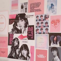 the wall is covered with posters and advertisements for women's hair care products,