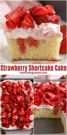 piece of yellow cake with white cream frosting and sliced red strawberries Strawberries Shortcake Recipe, Strawberries And Cake Mix Recipes, Cream And Strawberry Cake, Vanilla Shortcake Recipe, Strawberry Desserts Cake, Shortcake Sheet Cake, Homemade Shortcake, Easy Sheet Desserts, Strawberry And Whipped Cream Desserts