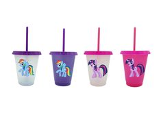 three different colored cups with unicorns on the lids and one has a straw in it