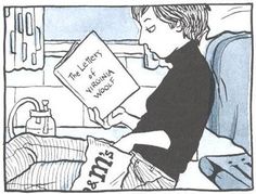 a cartoon drawing of a boy sitting in bed reading a book with the caption'panel from fun home, by alson beck