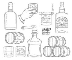 hand drawn whiskey bottles and barrels with cigars on white background, black and white illustration