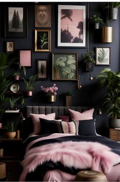 a bedroom with black walls and pink bedding, potted plants and pictures on the wall