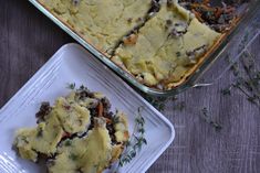 a casserole dish with meat and veggies in it on a plate