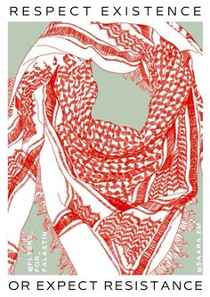 a red and white poster with an image of a woman's scarf on it