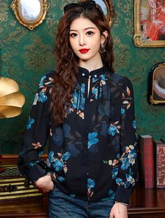 Size: XXL Casual Black Chiffon Top, Casual Chiffon Blouse For Fall, Black Chiffon Office Tops, Black Chiffon Tops For Office, Casual Floral Print Chiffon Tops, Casual Chiffon Tops With Floral Print, Casual Long Sleeve Chiffon Blouse, Casual Chiffon Tops For Office, Casual Black Tie Neck Blouse