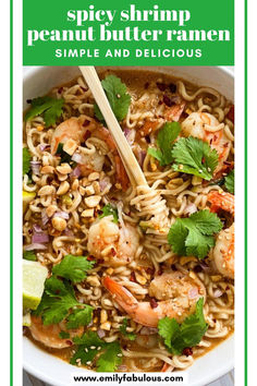 a bowl of spicy shrimp ramen with peanut butter Spicy Shrimp Ramen, Shrimp Ramen, Shrimp And Vegetables, Seafood Pasta Recipes, Pumpkin Curry, Peanut Butter Sauce, Curry Shrimp, Shrimp Recipes For Dinner, Spicy Thai