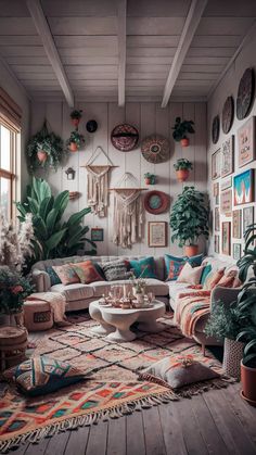 a living room filled with lots of plants and pictures on the wall next to a couch