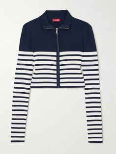 STAUD's 'Raft' cardigan is knitted with nautical-inspired navy and white Breton stripes. It's designed for a slim fit and has a high neckline that can be unzipped to create a neat collar. Navy Fitted Top With Contrast Stripes, Striped Fitted Cardigan For Winter, Fitted Striped Cardigan For Winter, Fitted Navy Casual Cardigan, Trendy Striped Fitted Outerwear, Fitted Navy Sweater For Spring, Fitted Navy Cardigan For Spring, Fitted Cotton Tops By Staud, Fitted Casual Outerwear With Contrast Stripes