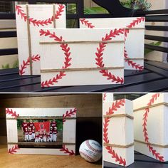 baseball themed boxes with red and white designs on them, sitting on a shelf next to a baseball