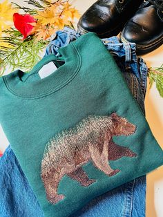 Forest Bear Embroidered Design on a Hanes Eco Smart/ Gildan Crewneck Environmental Science Outfits, Nature Sweatshirt Design, Bear Sweater, Crew Neck Outdoor Sweatshirt, Bear Sweatshirt, Fall Goblincore Crew Neck T-shirt, Outdoor Graphic Print Crew Neck Sweatshirt, Forest Sweatshirt, Outdoorsy Gifts