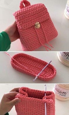 the crocheted purse is being made with yarn