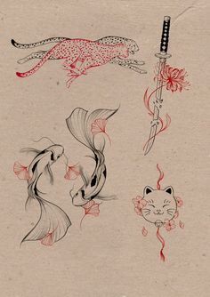 two fish and a cat are depicted in this drawing