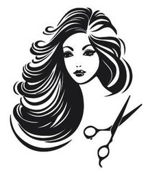 a woman with long hair and scissors in her hands, logo or emblem for a beauty salon