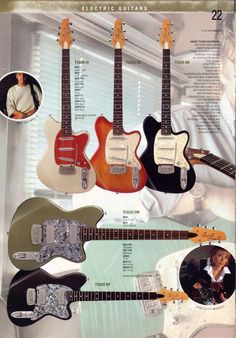 an advertisement for the electric guitar company, featuring four different styles of guitars and their names